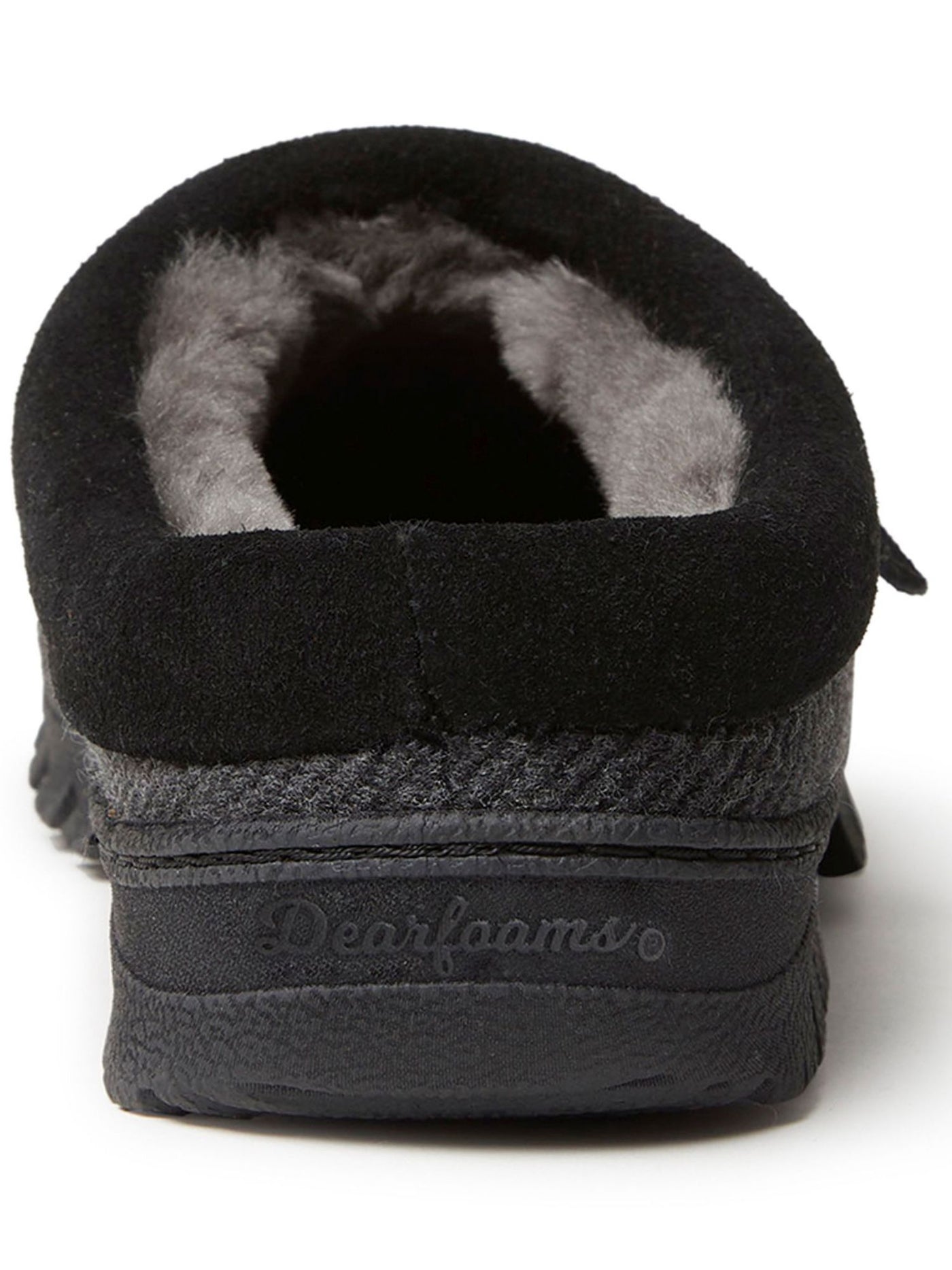 FIRESIDE BY DEARFOAMS Mens Black Micro Wool Temperature Regulating Cushioned Treaded Moc Toe Logo Tab Moisture Wicking Water Resistant Lith Round Toe Platform Slip On Slippers Shoes 8 M