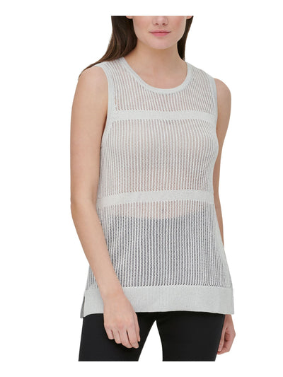 CALVIN KLEIN Womens Silver Sheer Metallic-flecked Sleeveless Crew Neck Sweater M