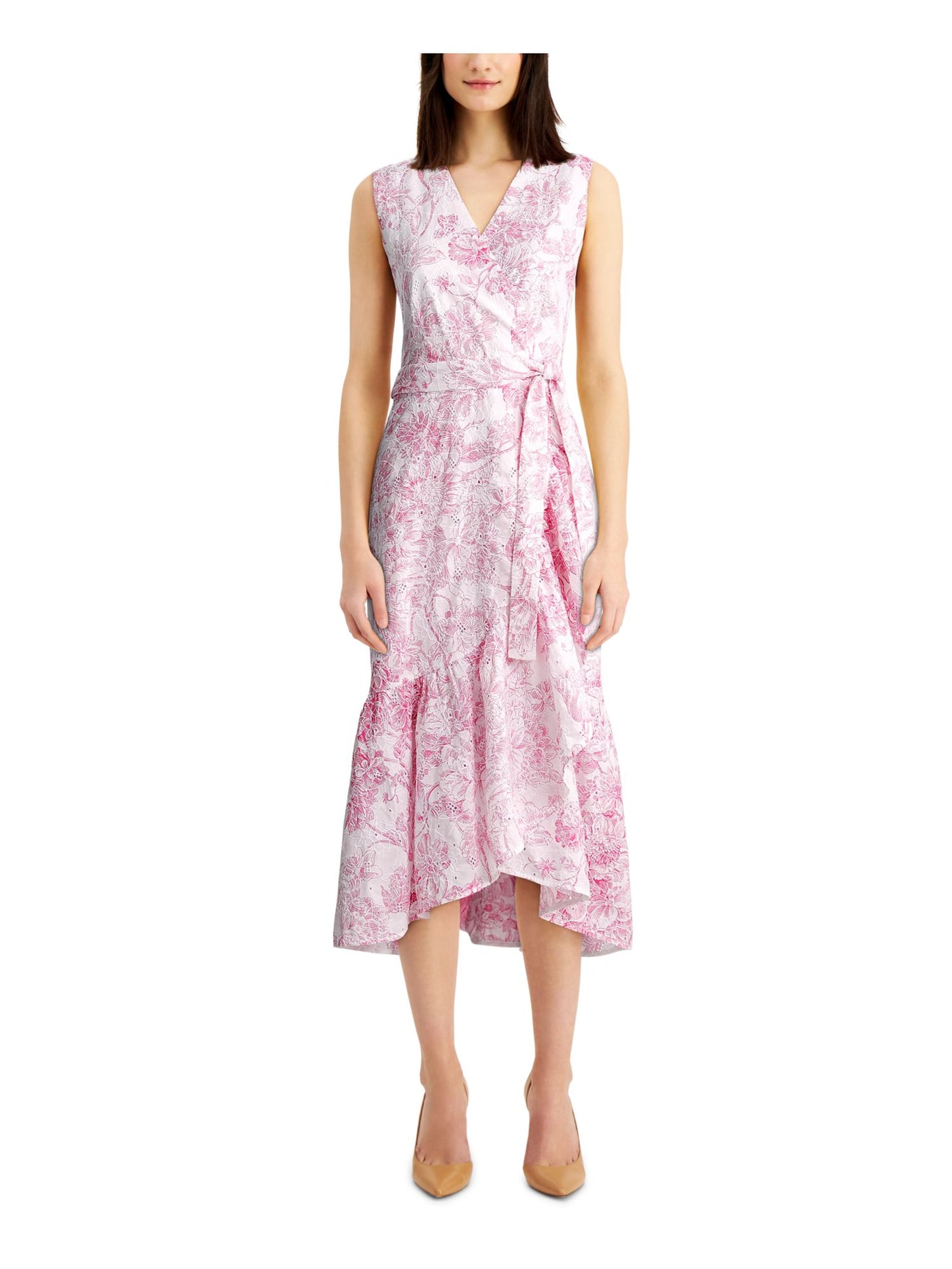 CHARTER CLUB Womens Pink Floral Sleeveless Surplice Neckline Tea-Length Faux Wrap Dress 10