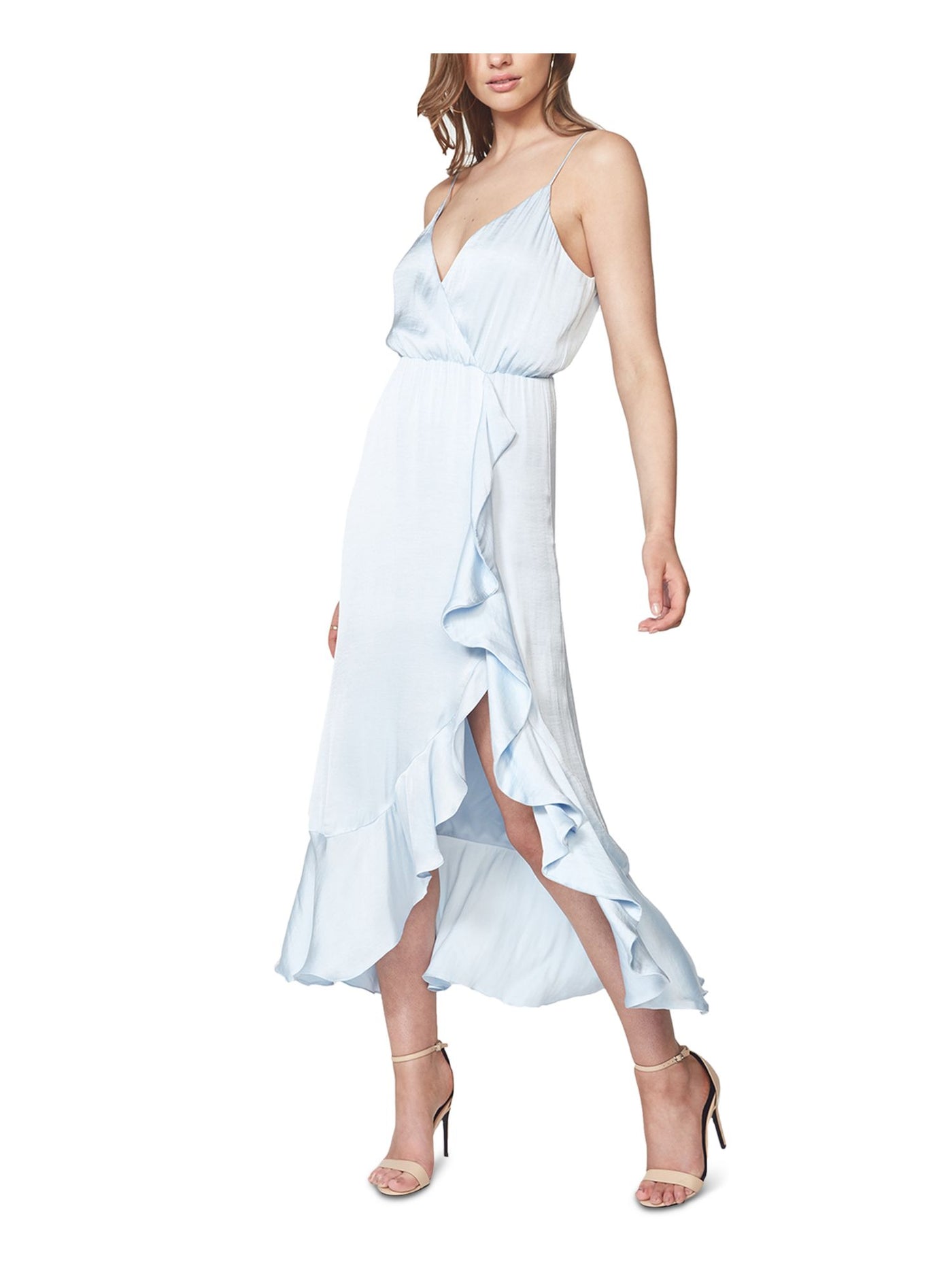 BARDOT Womens Light Blue Ruffled Spaghetti Strap Surplice Neckline Tea-Length Evening Faux Wrap Dress S\6