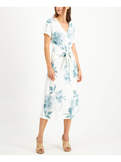 ALFANI Womens Ivory Floral Short Sleeve V Neck Midi Wrap Dress Size: S