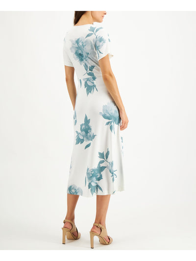 ALFANI Womens Ivory Floral Short Sleeve V Neck Midi Wrap Dress Size: S