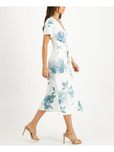 ALFANI Womens Ivory Floral Short Sleeve V Neck Midi Wrap Dress Size: S