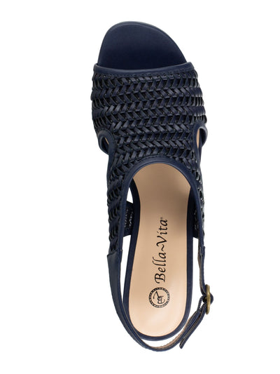 BELLA VITA Womens Navy Woven Comfort Adjustable Justine Ii Round Toe Wedge Buckle Slingback Sandal WW