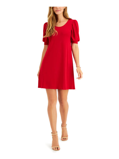 MSK PETITES Womens Red Pouf Sleeve Jewel Neck Short Shift Dress Petites PL