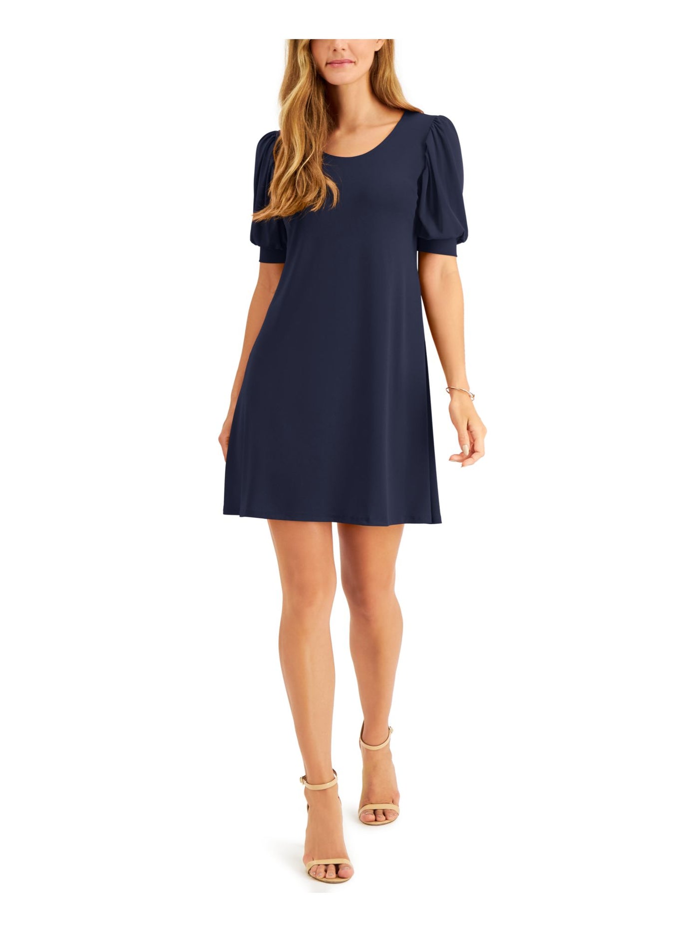MSK PETITES Womens Navy Stretch Gathered Textured Pouf Sleeve Scoop Neck Short Party Shift Dress Petites PL
