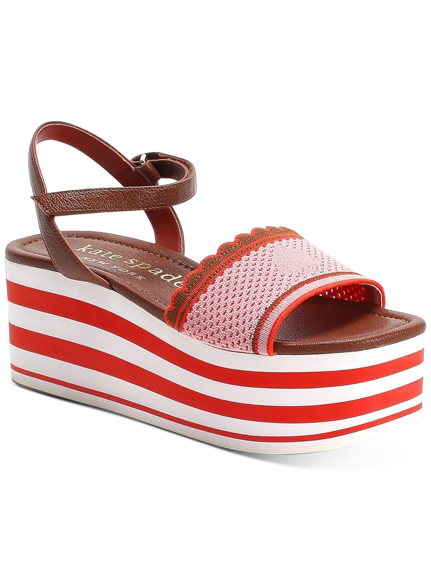 KATE SPADE NEW YORK Womens Red Striped 2" Platform Scalloped Breathable Padded Adjustable Strap Perforated Highrise Spade Square Toe Wedge Slingback Sandal 8 B