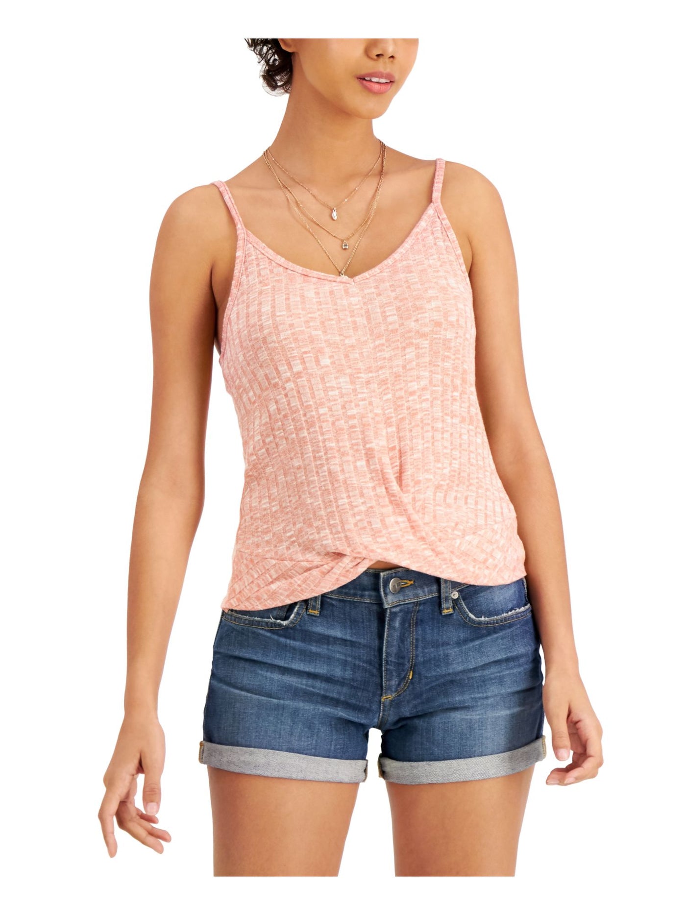 CRAVE FAME Womens Coral Stretch Ribbed Twist-hem Camisole Printed Spaghetti Strap V Neck Top XL