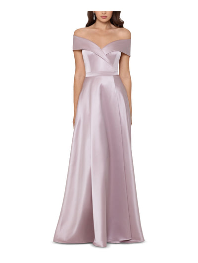 XSCAPE Womens Pink Slitted Satin Off Shoulder Full-Length Evening Dress 2