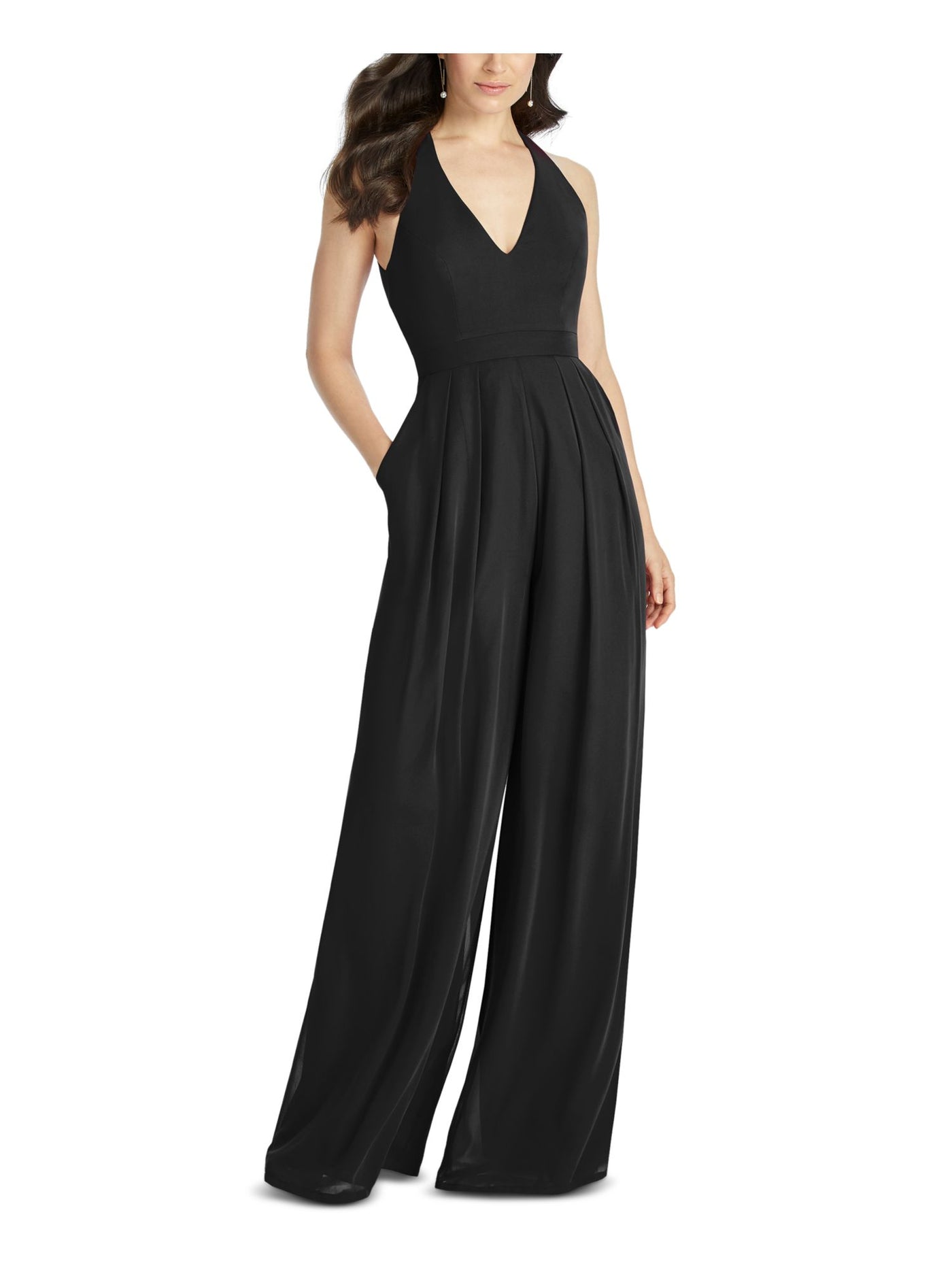 DESSY COLLECTION Womens Black Zippered Pocketed Pleated Halter Sleeveless V Neck Wide Leg Jumpsuit 12