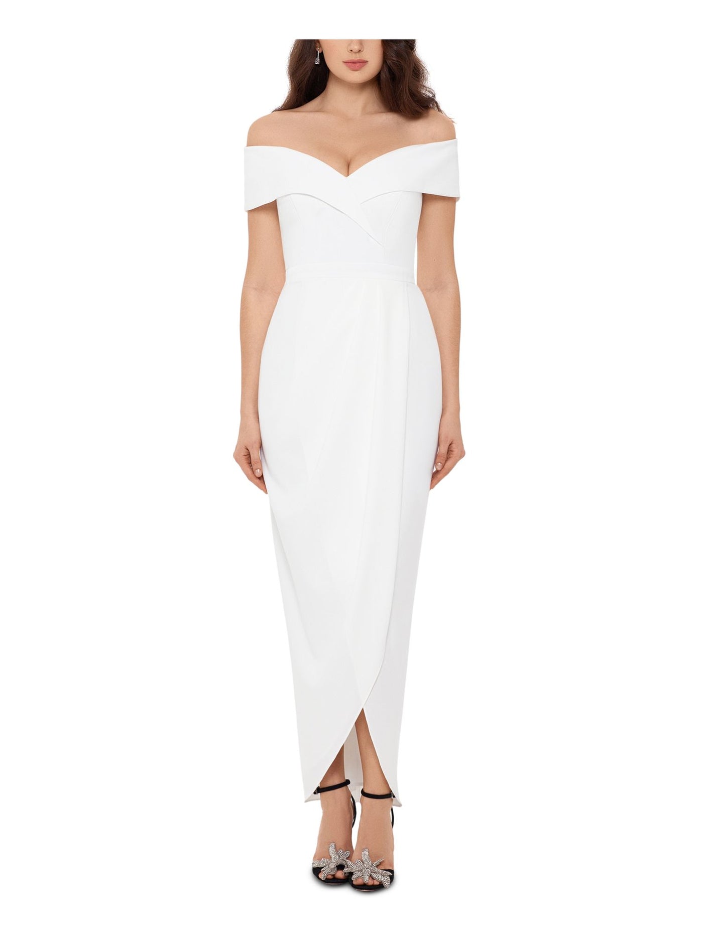 XSCAPE Womens White Stretch Zippered Short Sleeve Off Shoulder Maxi Formal Faux Wrap Dress 4
