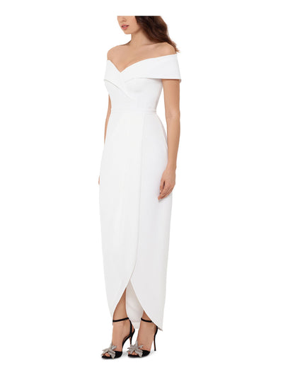 XSCAPE Womens White Stretch Zippered Short Sleeve Off Shoulder Maxi Formal Faux Wrap Dress 4