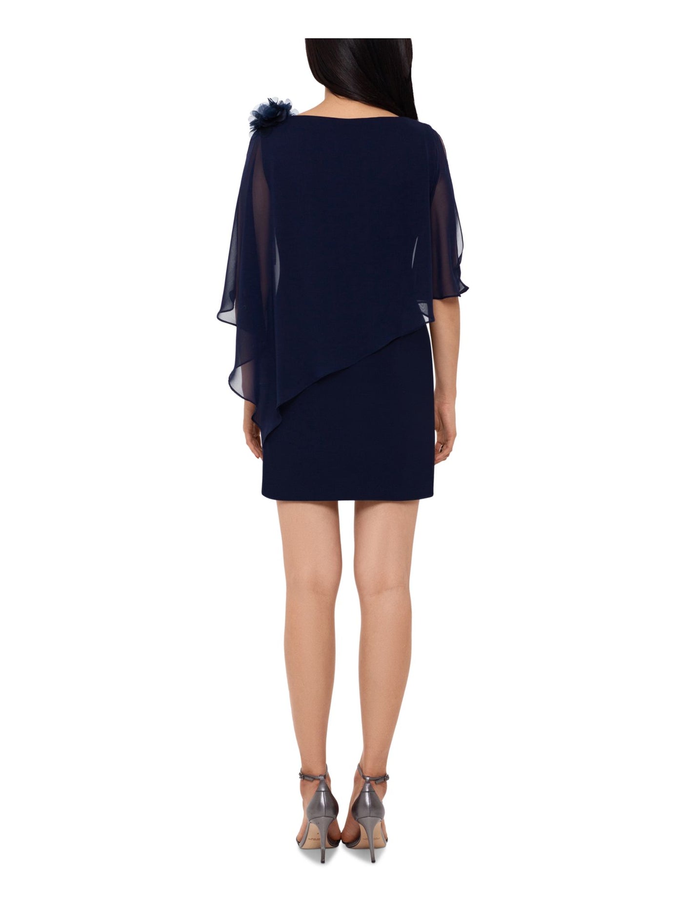 XSCAPE Womens Navy Zippered Overlay Cape Jewel Neck Mini Cocktail Shift Dress 10