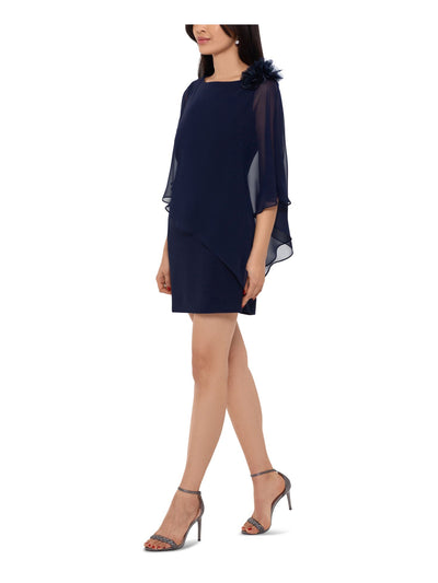 XSCAPE Womens Navy Overlay Cape Jewel Neck Mini Cocktail Shift Dress 16