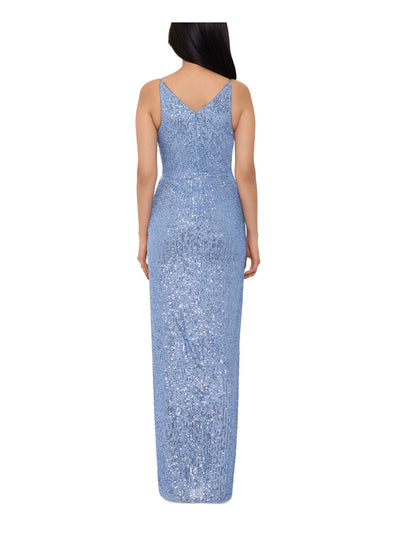 XSCAPE Womens Blue Stretch Sequined Zippered Side Slit Lined Spaghetti Strap V Neck Midi Cocktail Sheath Dress 6