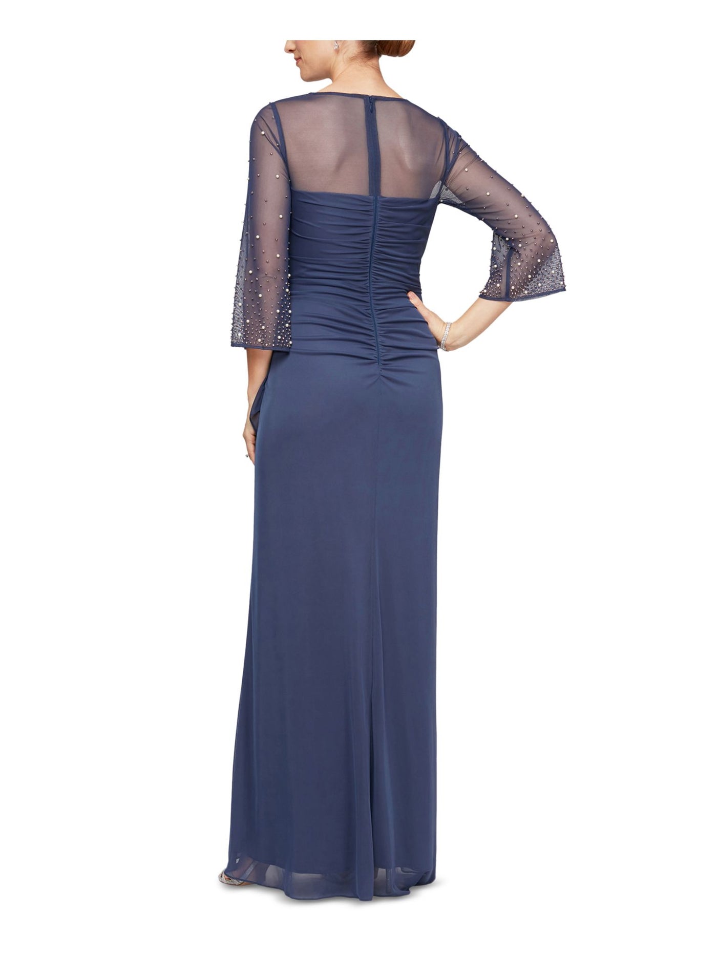 ALEX EVENINGS Womens Beaded Zippered Mesh Gown 3/4 Sleeve Illusion Neckline Full-Length Evening Sheath Dress