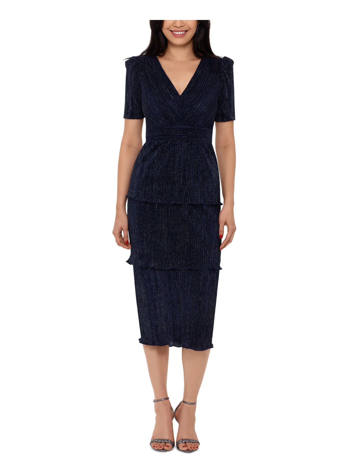 XSCAPE Womens Navy Short Sleeve V Neck Midi Evening Sheath Dress 6