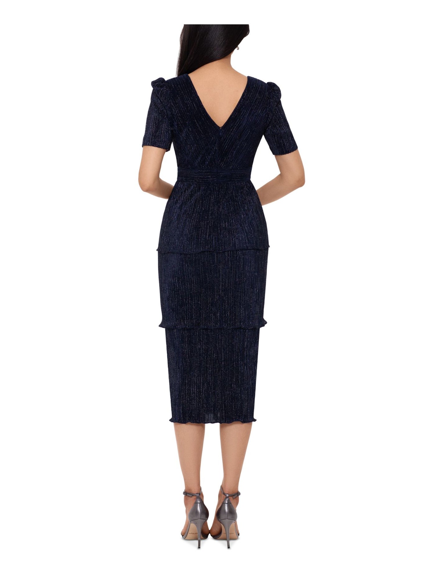 XSCAPE Womens Navy Short Sleeve V Neck Midi Evening Sheath Dress 10