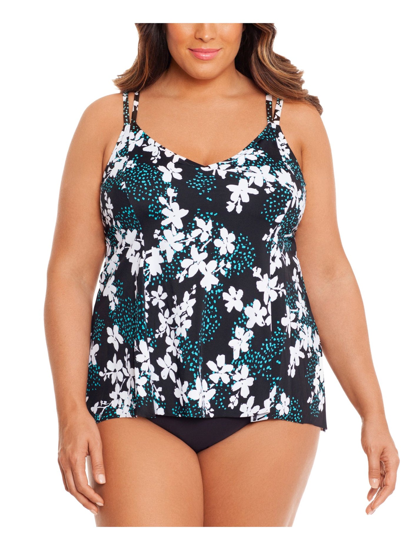 SWIM SOLUTIONS Women's Black Floral Stretch Full Bust Support TUMMY CONTROL Full Coverage Scoop Neck One Piece Swimsuit 26W