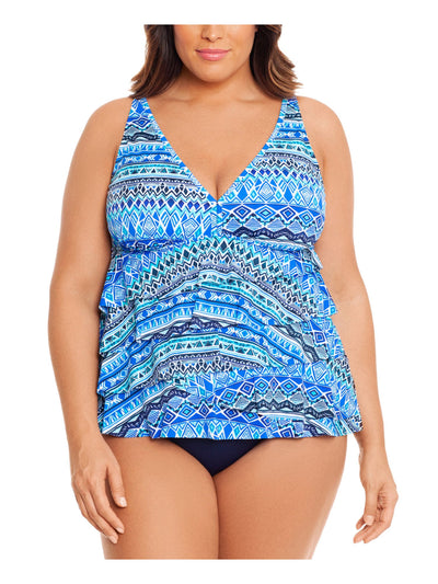 SWIM SOLUTIONS Women's Blue Printed Stretch Tummy Control V-Neck Triple-Tiered Front Moderate Coverage Adjustable One Piece Swimsuit 24W