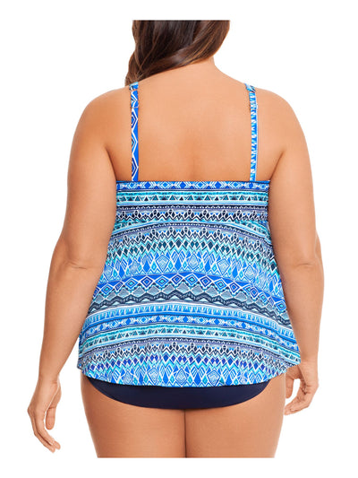 SWIM SOLUTIONS Women's Blue Printed Stretch Tummy Control V-Neck Triple-Tiered Front Moderate Coverage Adjustable One Piece Swimsuit 24W