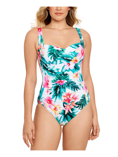 SWIM SOLUTIONS Women's White Tropical Print Tummy Control Sweetheart Neck Bust Support Adjustable One Piece Swimsuit 10