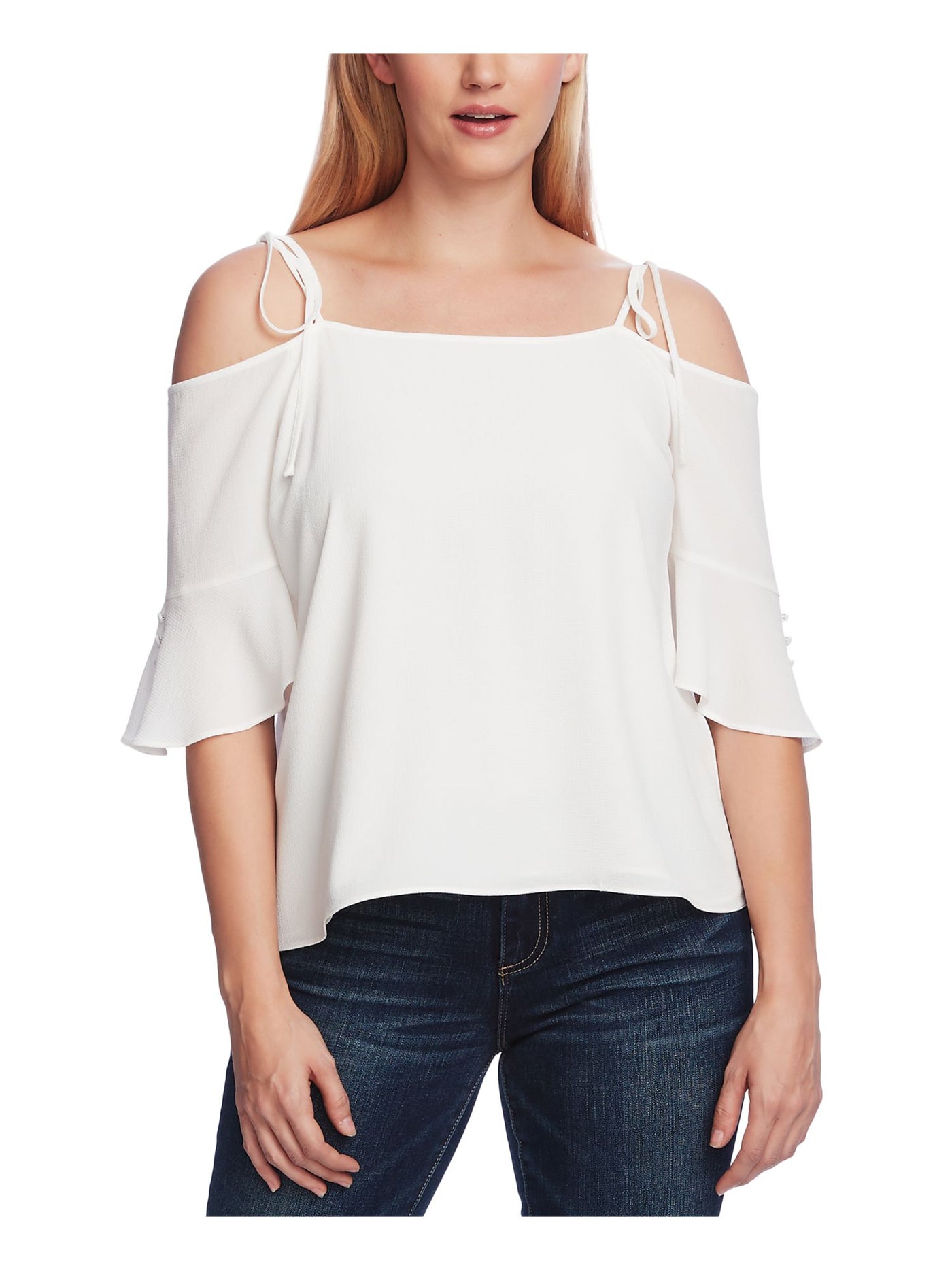 VINCE CAMUTO Womens White Cold Shoulder Button Tie-strap 3/4 Sleeve Ruff Square Neck Top XL