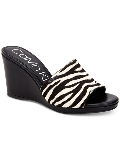 CALVIN KLEIN Womens Black Zebra Slip Resistant Logo Britta Round Toe Wedge Slip On Leather Sandals 6.5 M