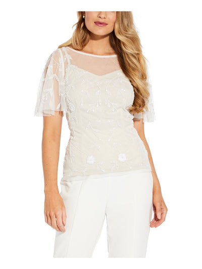 ADRIANNA PAPELL Womens Ivory Zippered Beaded Mesh Flutter Sleeve Illusion Neckline Cocktail Top 4