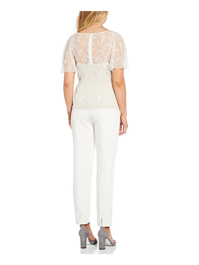 ADRIANNA PAPELL Womens Ivory Zippered Beaded Mesh Flutter Sleeve Illusion Neckline Cocktail Top 10