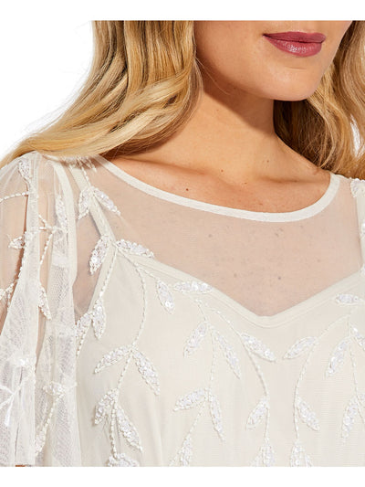 ADRIANNA PAPELL Womens Ivory Zippered Beaded Mesh Flutter Sleeve Illusion Neckline Cocktail Top 4