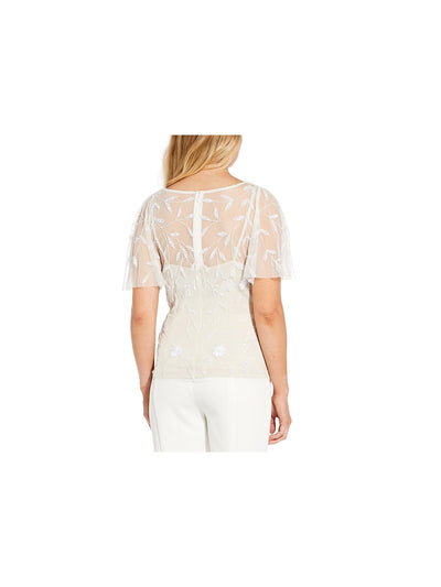 ADRIANNA PAPELL Womens Ivory Zippered Beaded Mesh Flutter Sleeve Illusion Neckline Cocktail Top 8