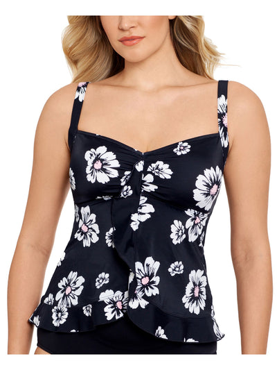 SWIM SOLUTIONS Women's Black Floral Ruffled Hem Non- Removable Cups Bra Tankini Swimsuit Top 10