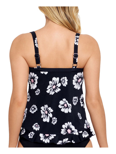 SWIM SOLUTIONS Women's Black Floral Ruffled Hem Non- Removable Cups Bra Tankini Swimsuit Top 10