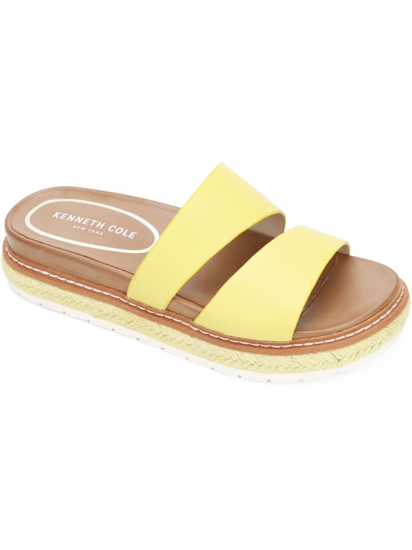 KENNETH COLE NEW YORK Womens Yellow Jute Wrapped 1" Platform Cushioned Laney Round Toe Wedge Slip On Leather Sandals Shoes 7 M