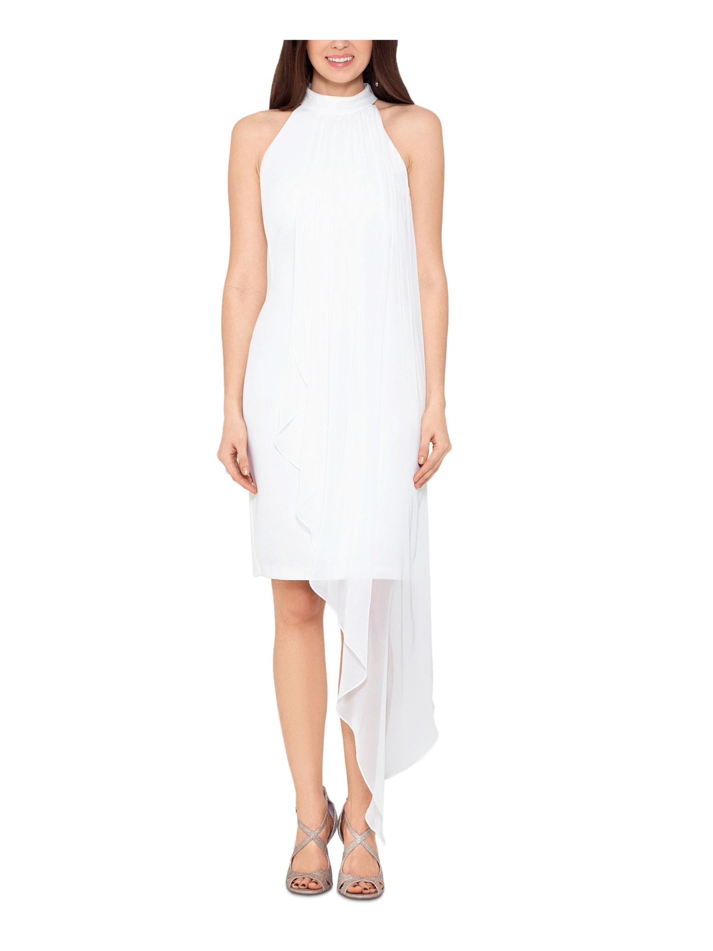 BETSY & ADAM Womens White Zippered Slitted Chiffon-overlay Lined Sleeveless Halter Above The Knee Formal Sheath Dress 10