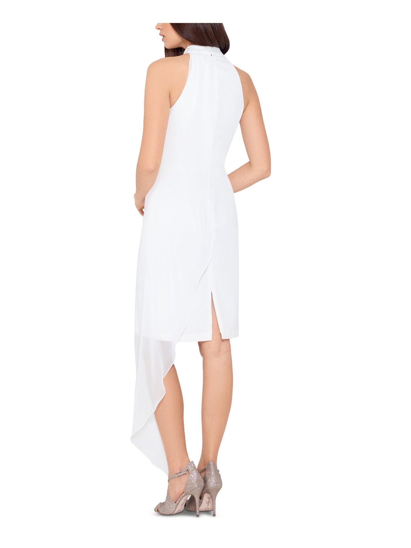 BETSY & ADAM Womens White Zippered Slitted Chiffon-overlay Lined Sleeveless Halter Above The Knee Formal Sheath Dress 10