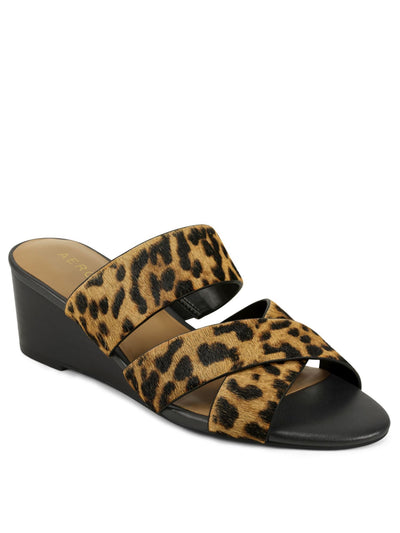 AEROSOLES Womens Brown Leopard Print Crisscross Straps Side Gore Core Comfort Technology Comfort Westfield Almond Toe Wedge Slip On Leather Slide Sandals Shoes 7.5 W