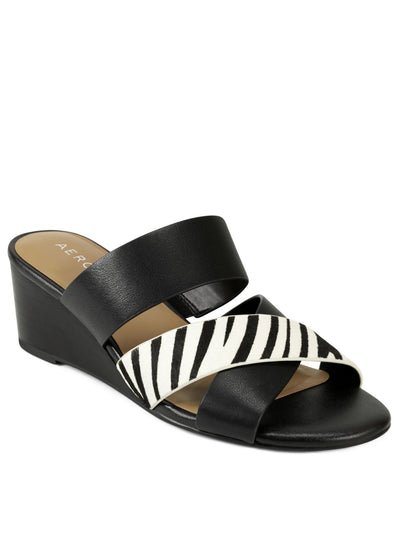 AEROSOLES Womens Black Zebra Print Crisscross Straps Side Gore Core Comfort Comfort Westfield Almond Toe Wedge Slip On Leather Slide Sandals 7 W