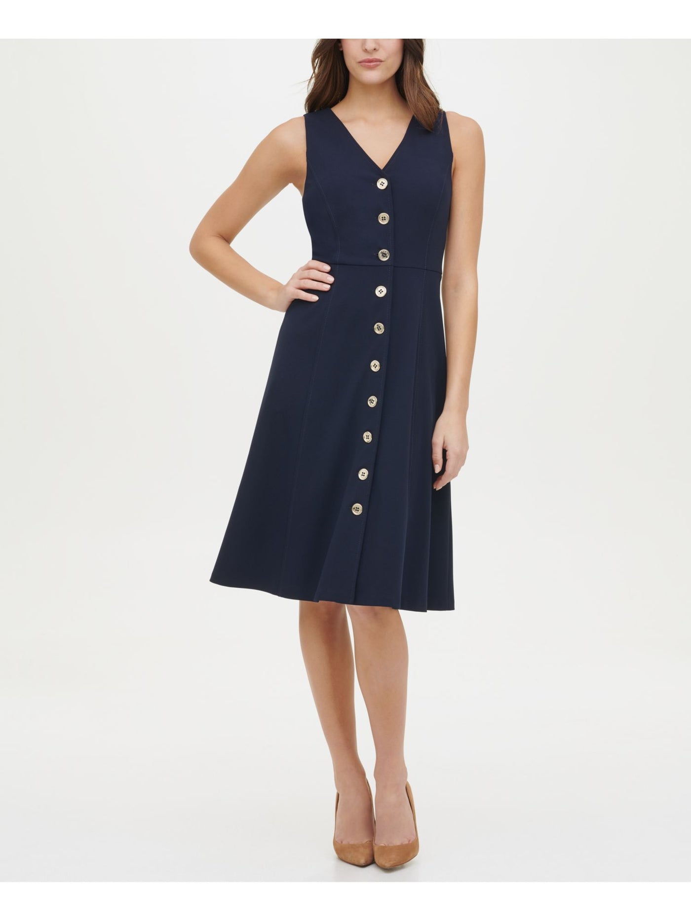 TOMMY HILFIGER Womens Navy Stretch Zippered Button-front Sleeveless V Neck Knee Length Wear To Work Fit + Flare Dress 16