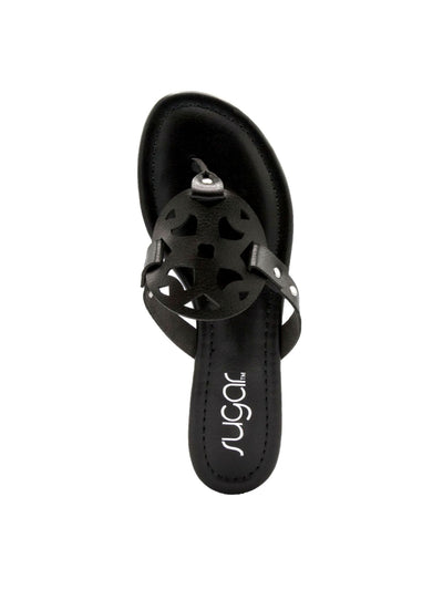 SUGAR Womens Black Leather Cutout Detail Padded Clarissa Round Toe Slip On Thong Sandals Shoes 9.5 M
