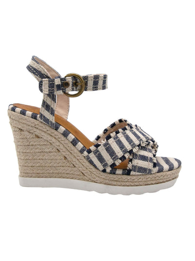 SUGAR Womens Navy Frayed Padded Jute Adjustable Strap Woven Fave Round Toe Wedge Buckle Espadrille Shoes 10 M