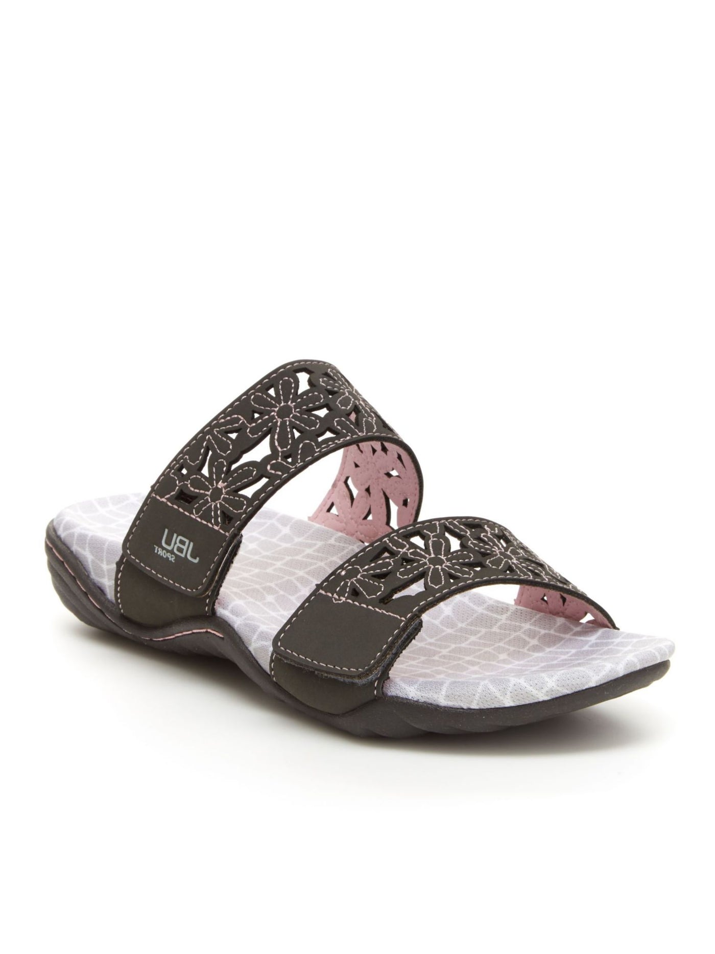 JBU SPORT Womens Gray Non-Slip Adjustable Wildflower Round Toe Slip On Leather Slide Sandals 7 M