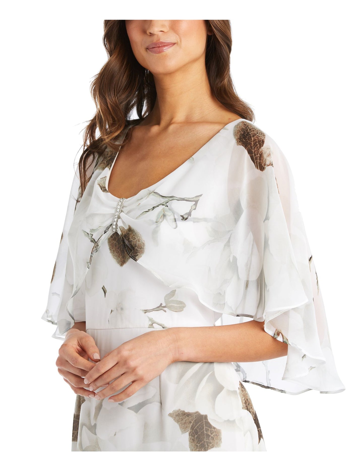 R&M RICHARDS Womens White Embellished Zippered Attached Capelet Hi-lo Hem Floral Flutter Sleeve Scoop Neck Maxi Formal Fit + Flare Dress Petites 8P
