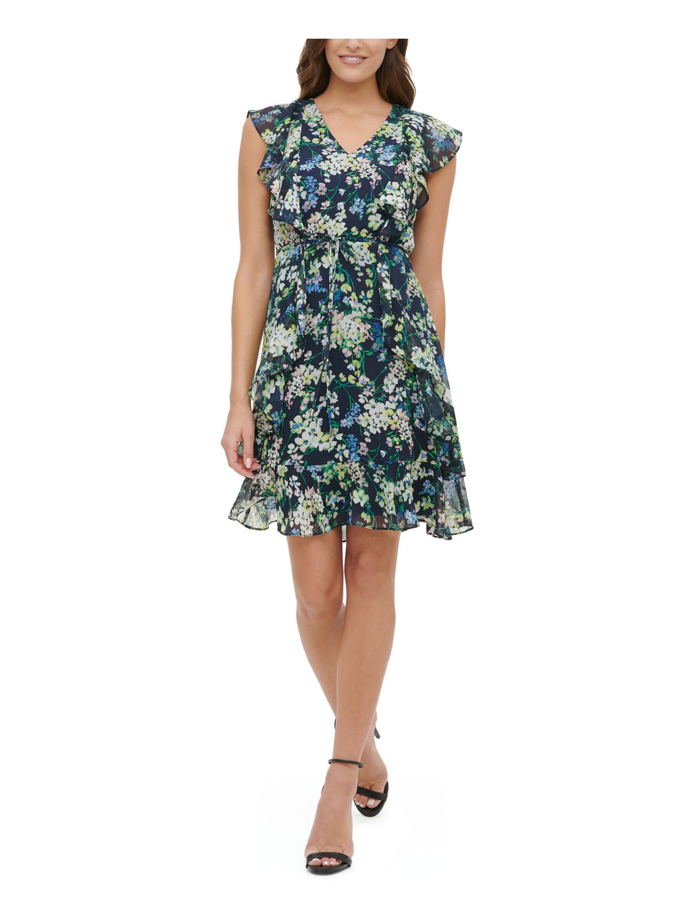 TOMMY HILFIGER Womens Navy Ruffled Tie Zippered Floral Cap Sleeve V Neck Short Fit + Flare Dress 4