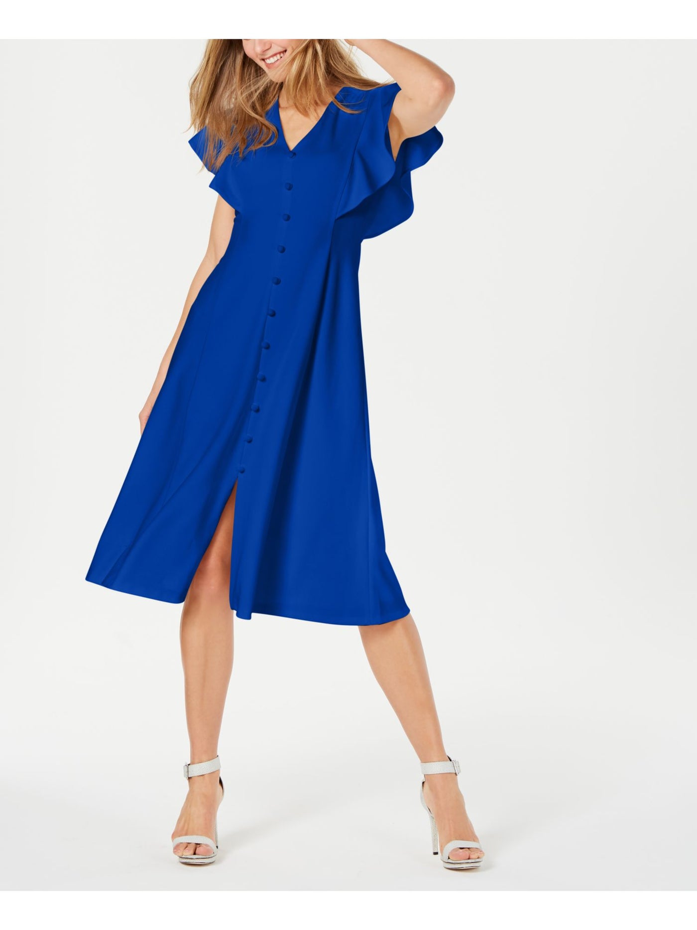 CALVIN KLEIN Womens Blue Zippered Textured Button Detail Slit Flutter Sleeve V Neck Below The Knee Evening Shirt Dress 4