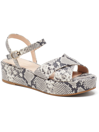 KATE SPADE NEW YORK Womens Gray Snakeskin Print Embossed Crisscross Padded Adjustable Ankle Strap Bunton Round Toe Platform Buckle Leather Sandals Shoes 8 B