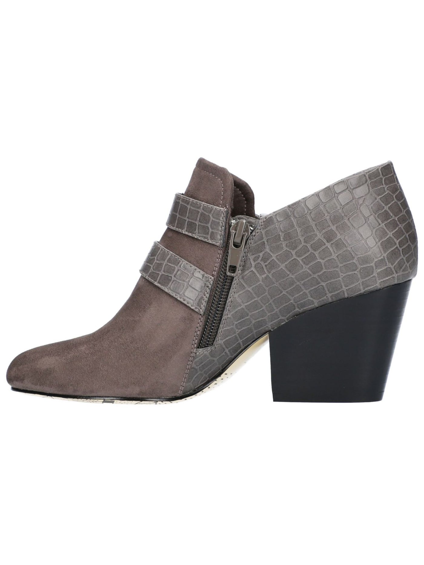 BELLA-VITA Womens Gray Mixed Material Buckle Accent Cushioned Round Toe Block Heel Zip-Up Booties N