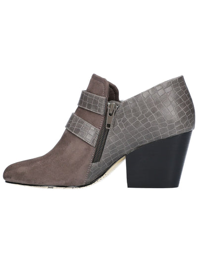 BELLA-VITA Womens Gray Mixed Material Buckle Accent Cushioned Round Toe Block Heel Zip-Up Booties N