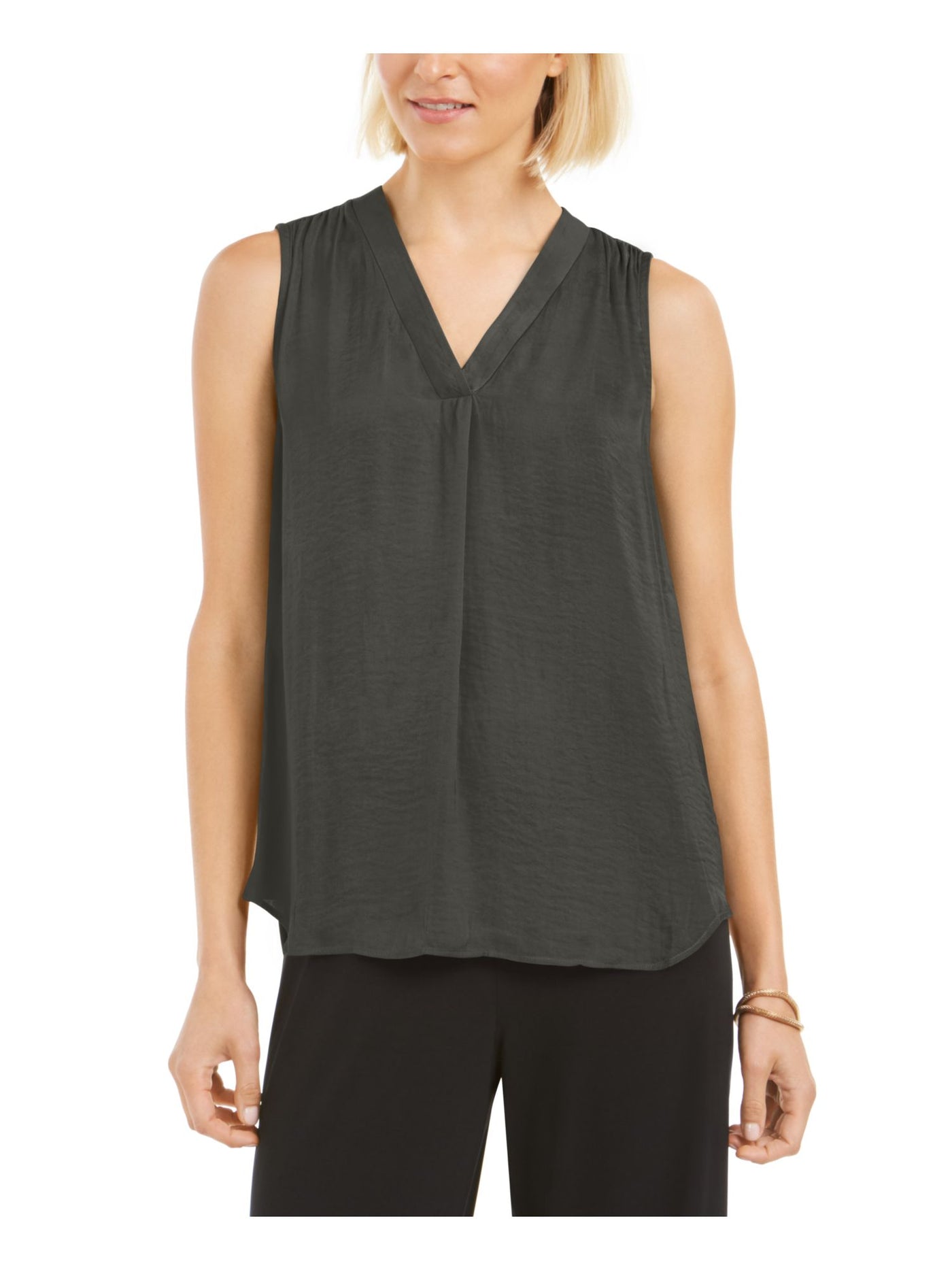 ALFANI Womens Gray Pleated Satin Sleeveless V Neck Tank Top S